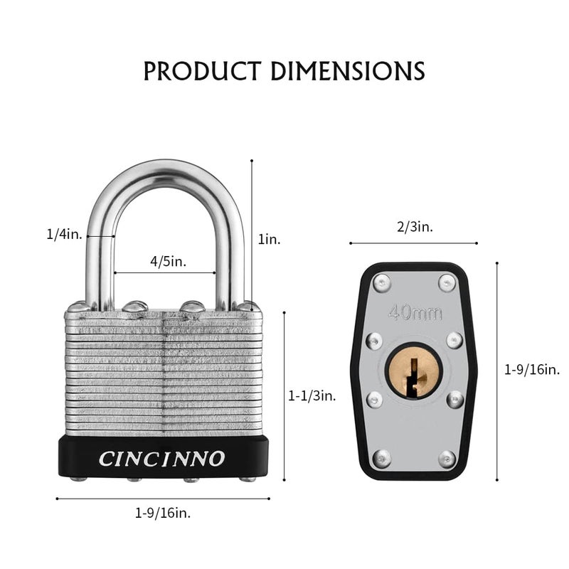 CINCINNO 40mm Keyed Alike Nickel Plated Laminated Steel Padlock, 1-9/16" Wide Body 1-inch Shackle Padlocks with Keys Pack of 12 - Image 2